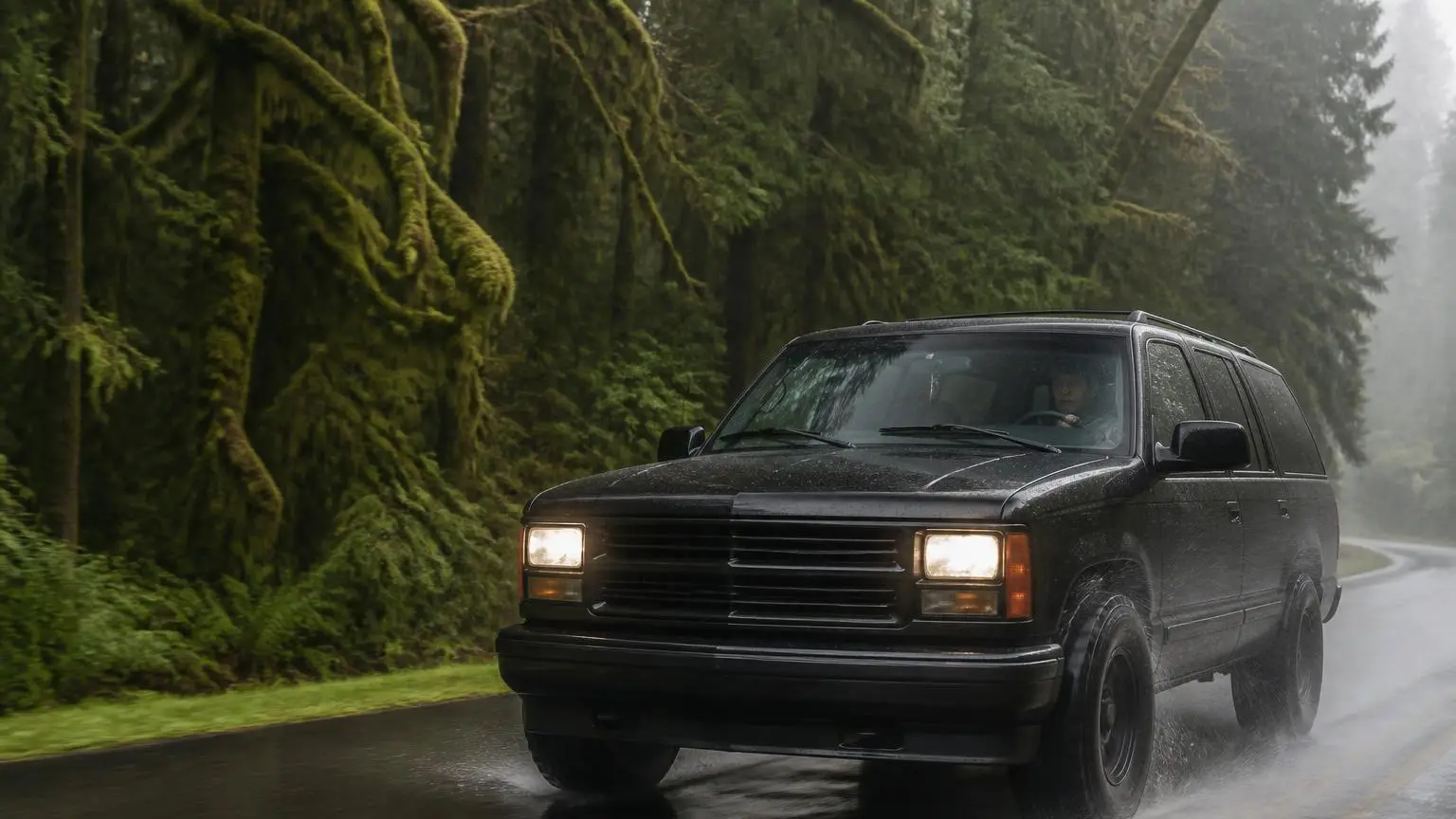 Full-size SUV on all-terrain tires on a rainy forest highway