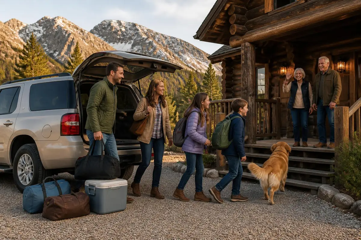 Family arriving at a mountain lodge in their SUV