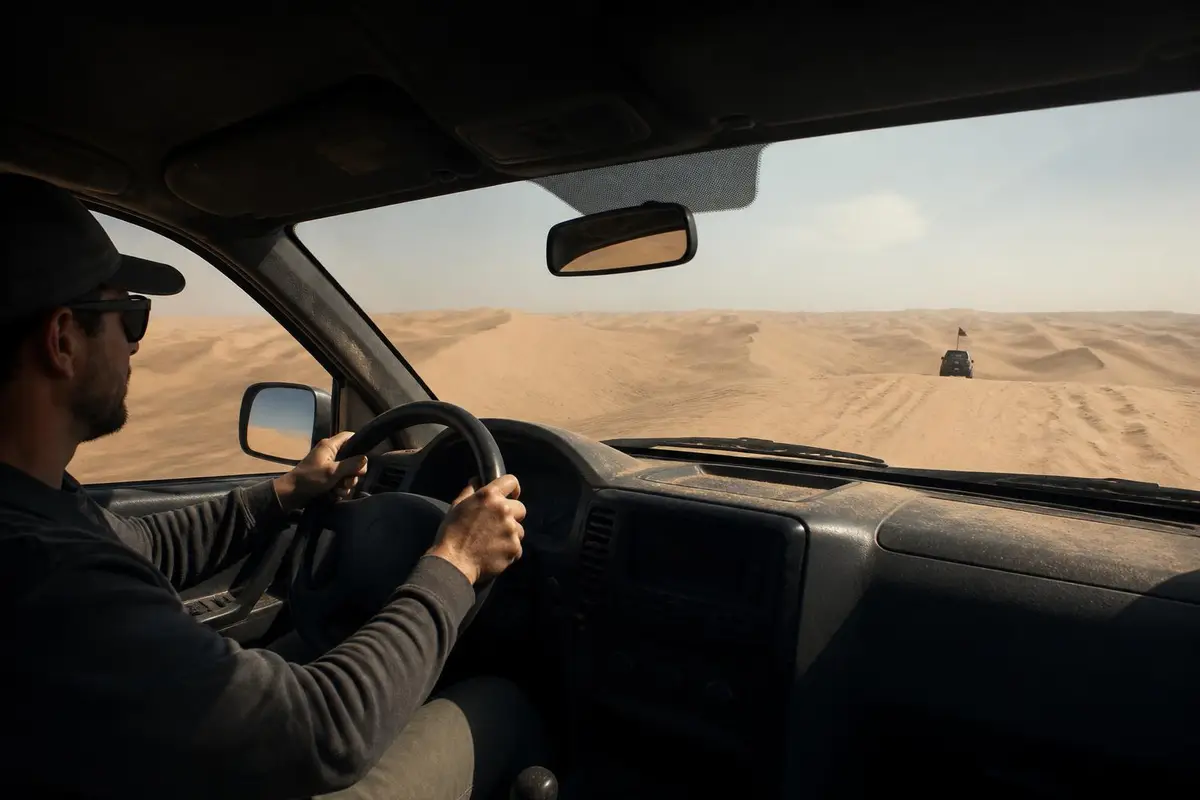 Driver's view over a dune crest from inside a cab