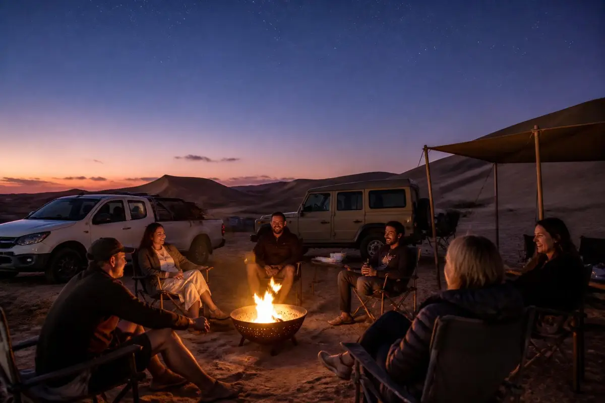 Dune camp at dusk with a pickup and a group of friends