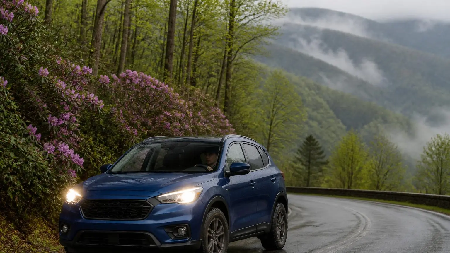 Crossover on light all-terrain tires on a rainy mountain road
