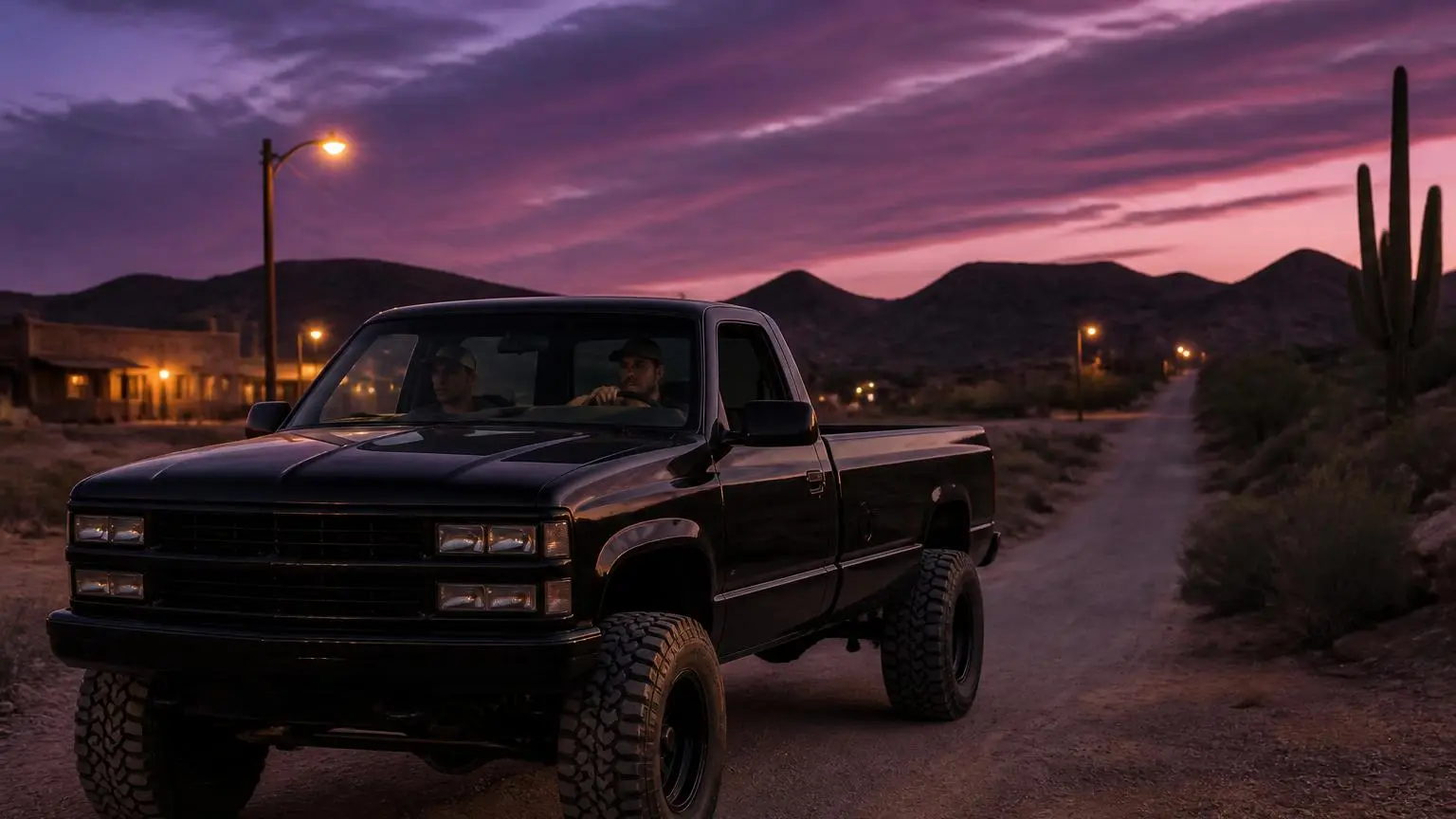 Lifted pickup leaving town at dusk for the trail