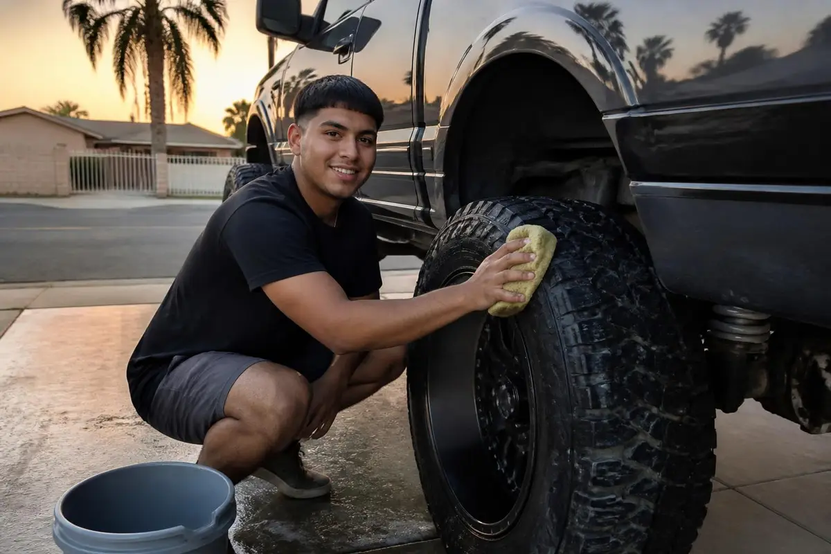 Man cleaning and dressing the sidewalls of large tires