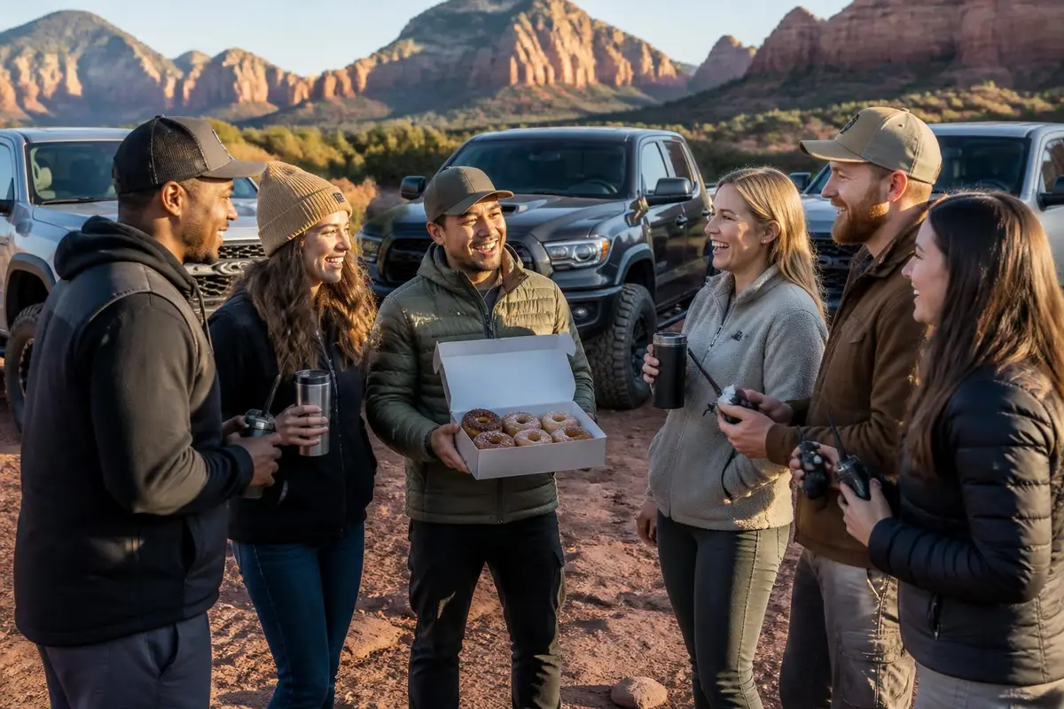 Friends gathered at a trailhead meetup beside lifted trucks