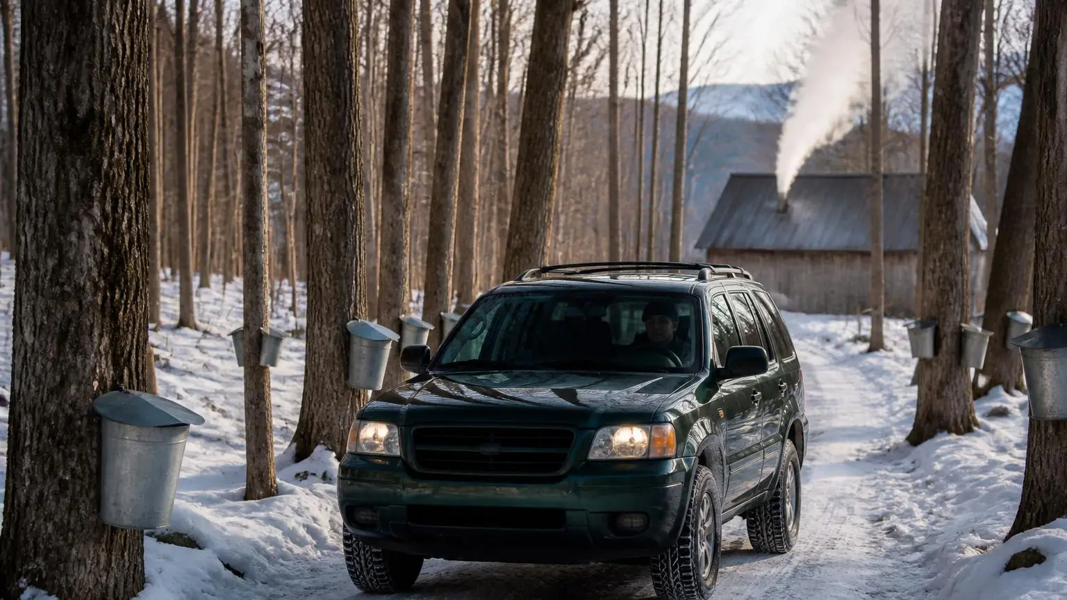 SUV on winter-capable all-terrain tires in a snowy sugarbush