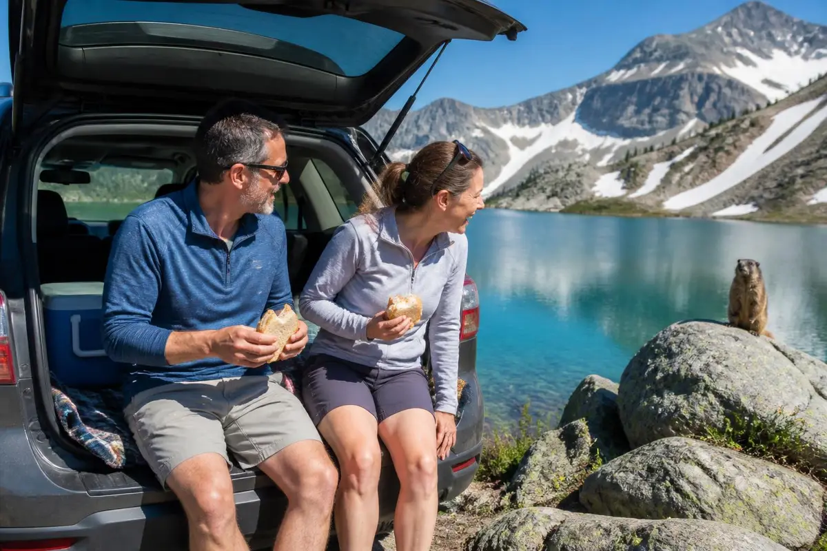 Couple sharing lunch on the tailgate at a high alpine lake