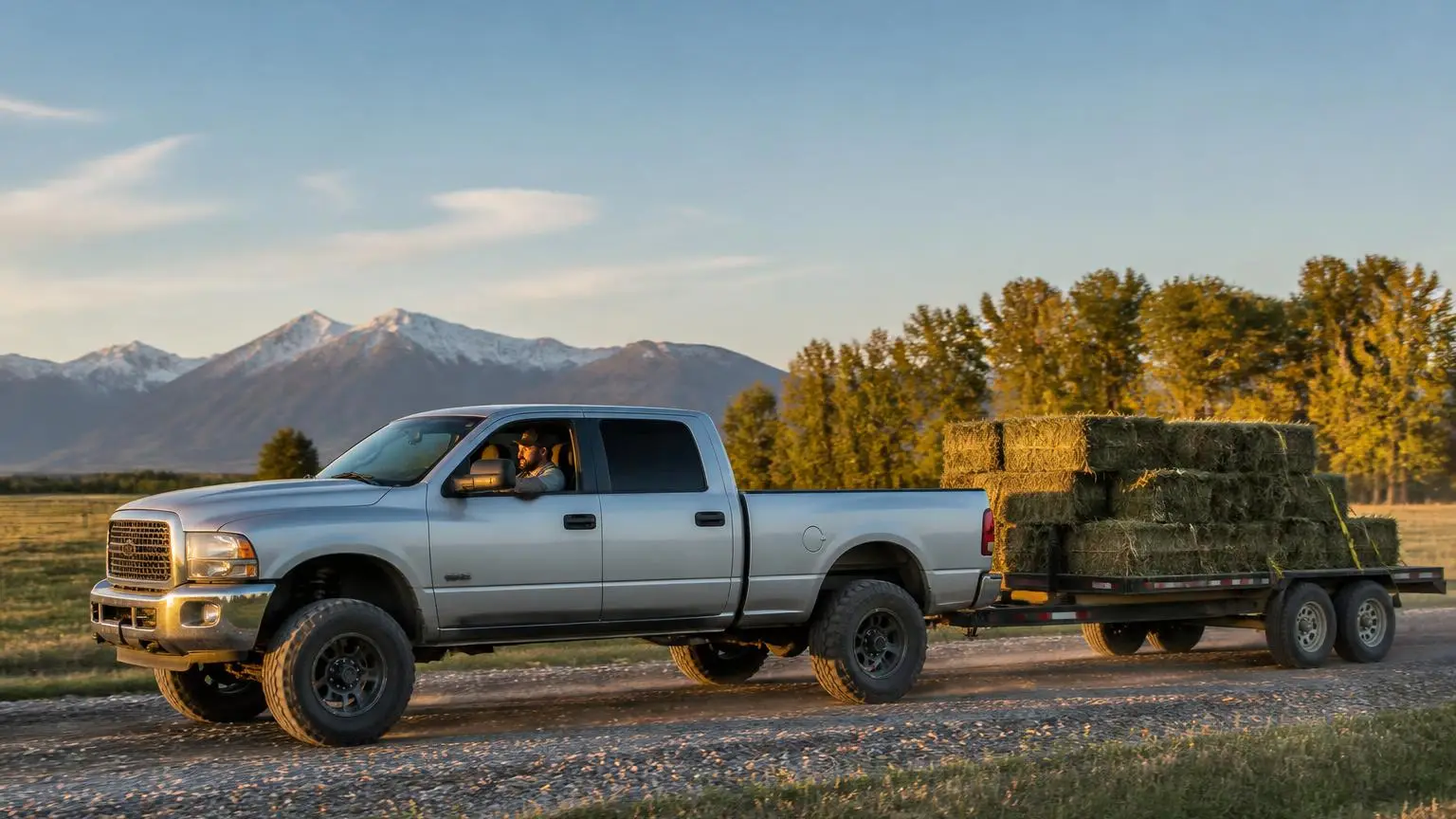 Heavy-duty pickup hauling hay on a Montana ranch road