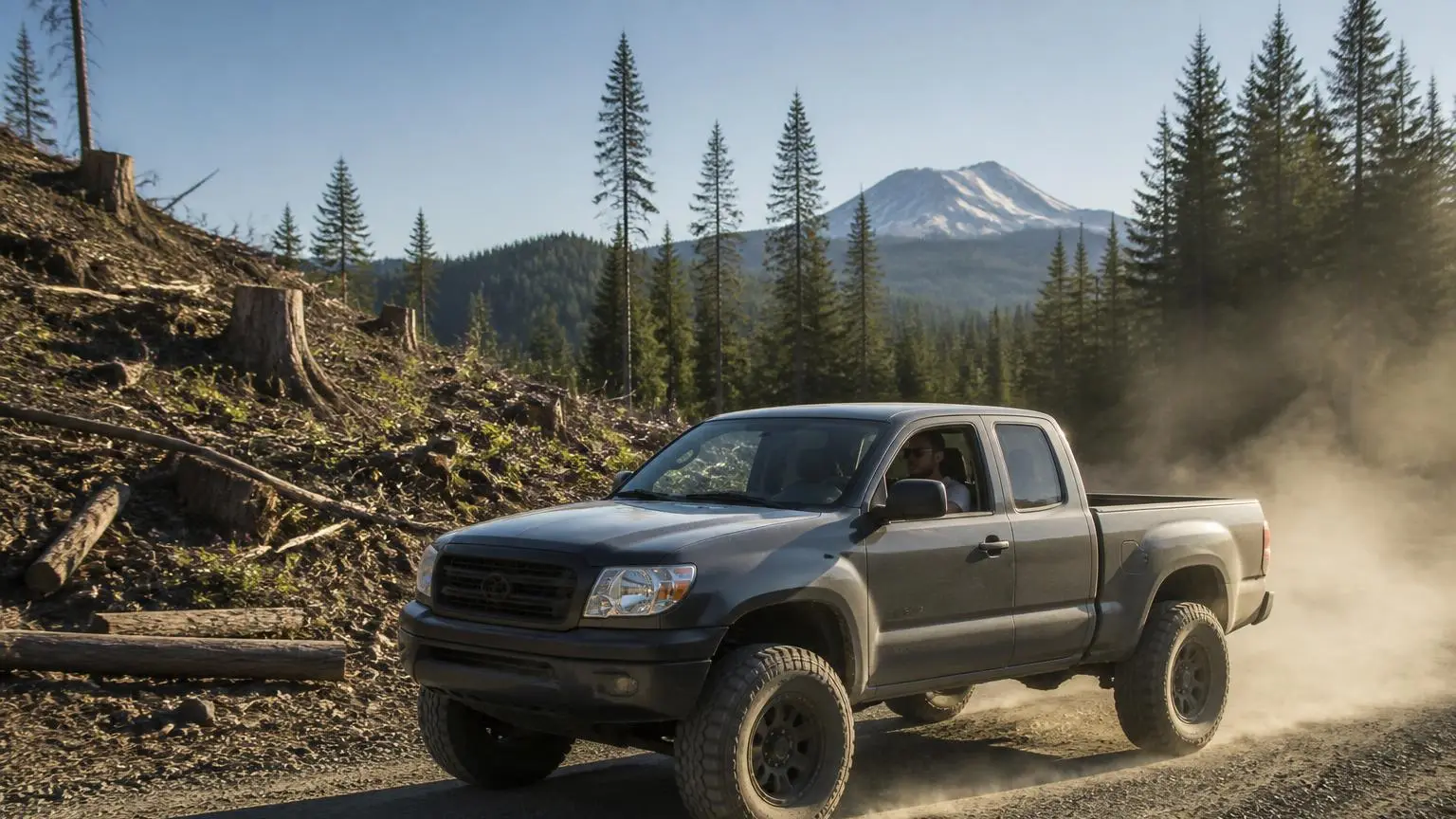 Lifted pickup raising dust on a Pacific Northwest logging road