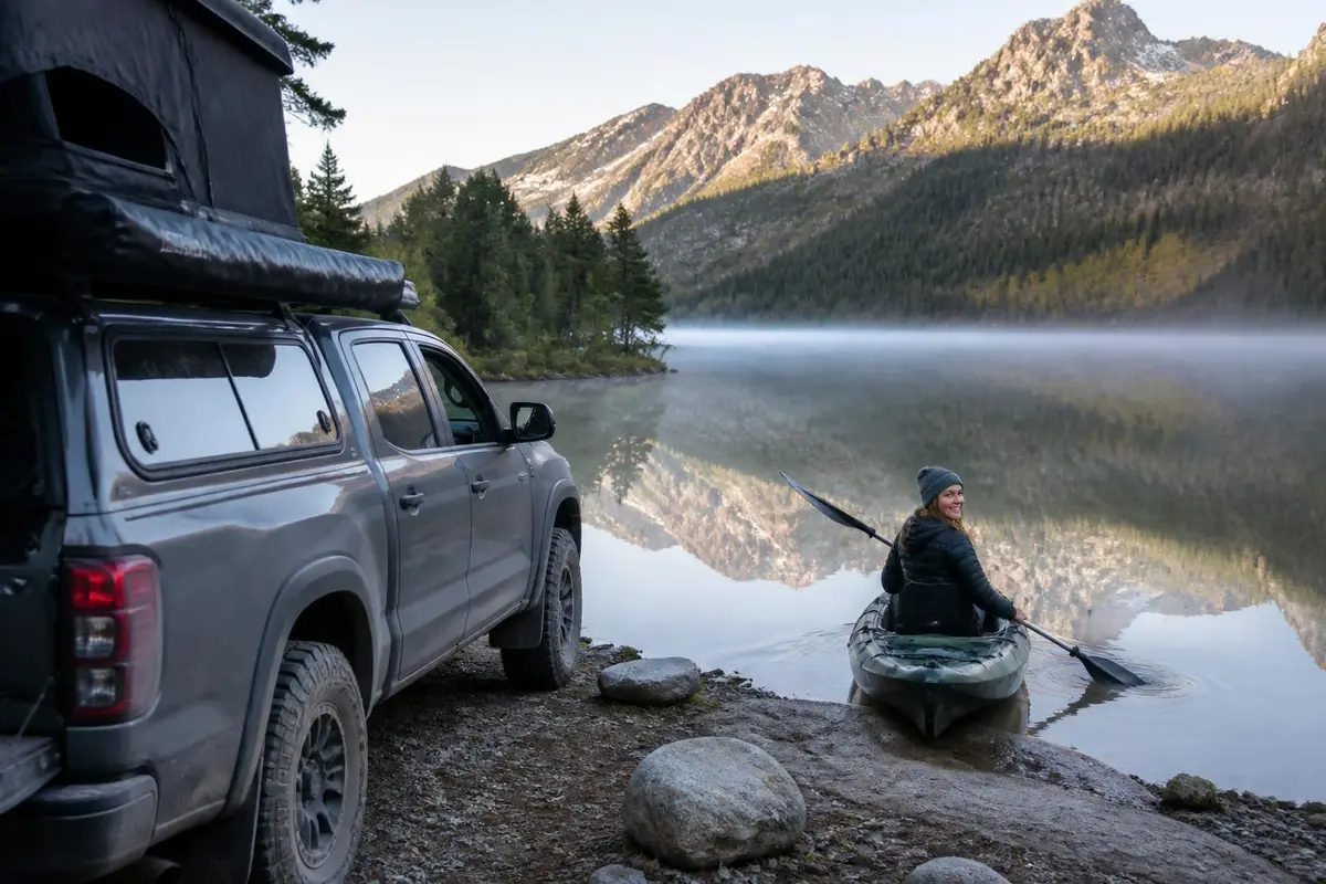 Pickup with bed tent camp at a mountain lake