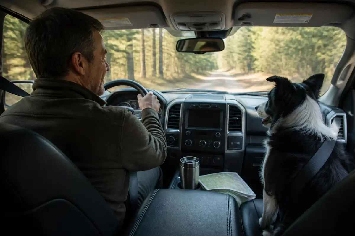 Passenger dog and driver on a forest road