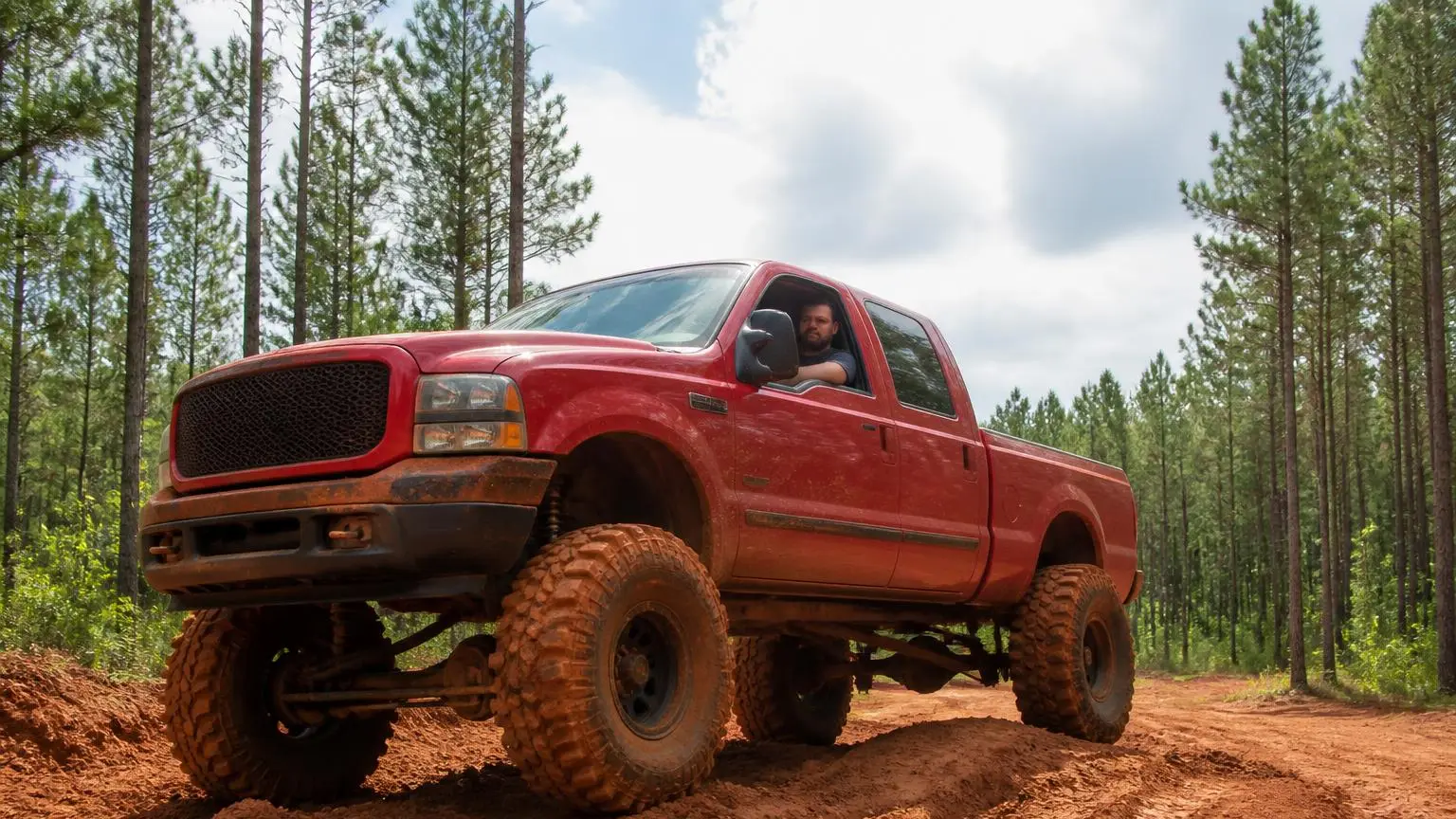 Lifted full-size pickup on mud-terrain tires in red clay