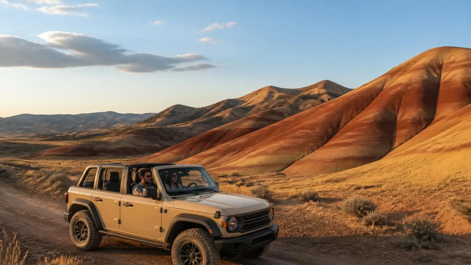 Four-door off-roader crossing colourful painted-hill badlands