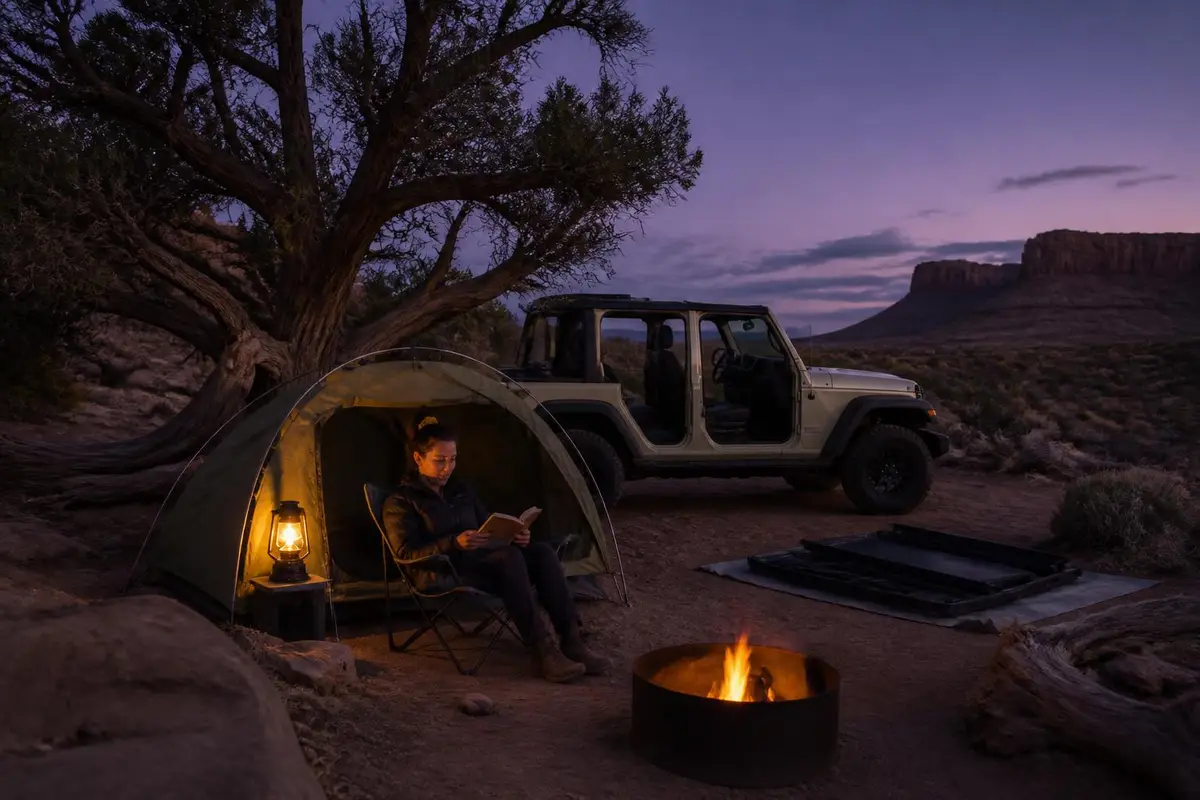 Off-roader camp under a juniper at dusk