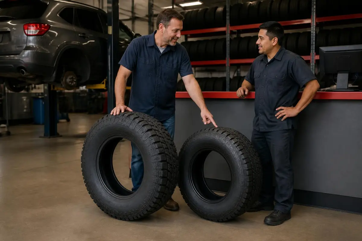 Owner comparing passenger and light-truck tires at a shop