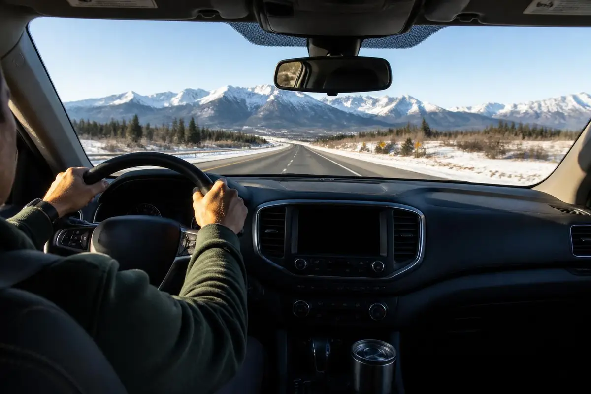 Driver's view on a highway ramp toward mountains