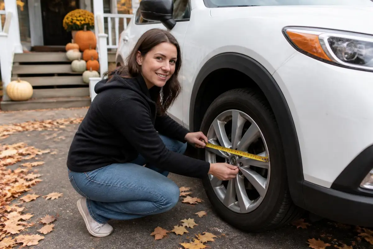 Woman measuring wheel size on her crossover