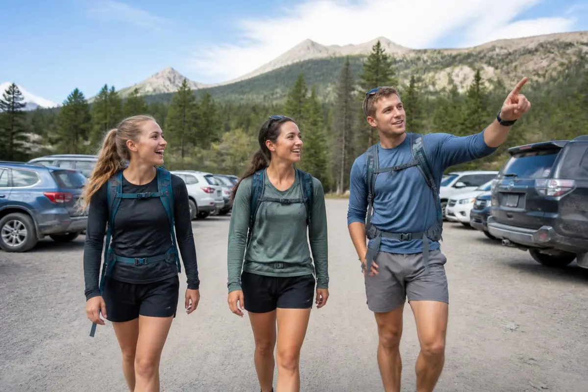 Friends hiking past crossovers at a trailhead