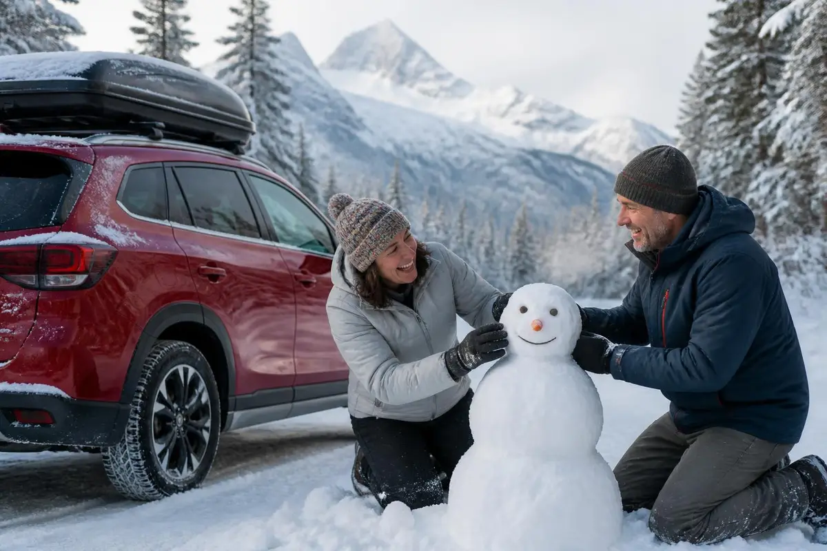 Couple building a snowman beside their crossover