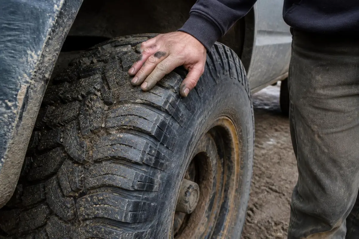 Close view of a sidewall and siped tread on a pickup tire