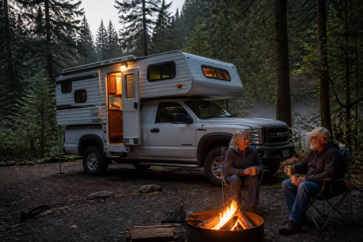 Heavy-duty pickup with slide-in camper at a forest camp