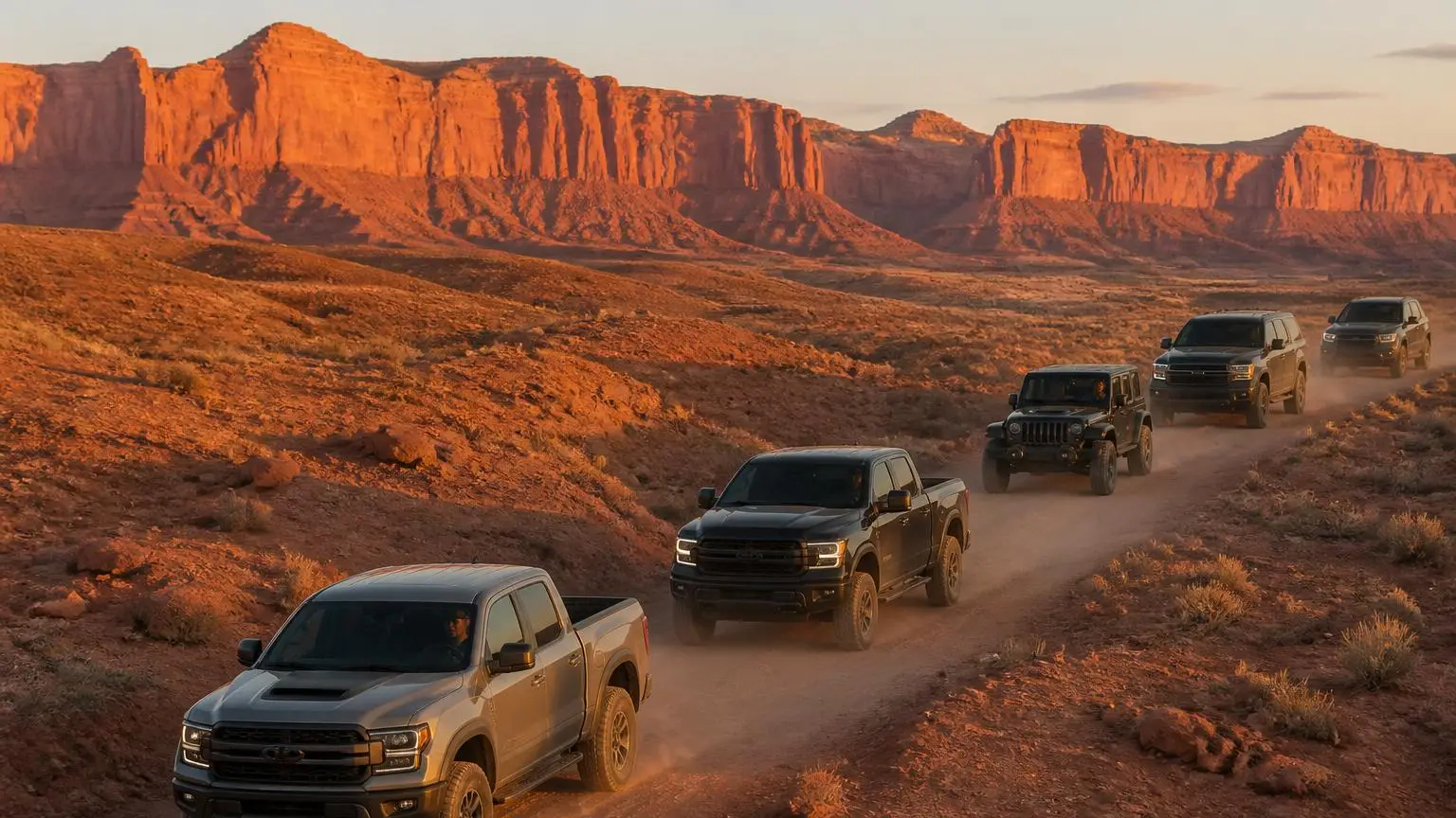 Five different 4x4s driving a desert trail in convoy