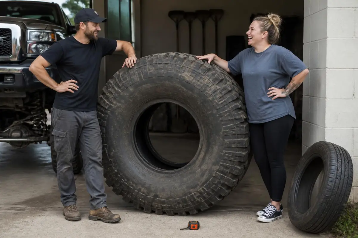 Two people standing beside a tall tire for scale