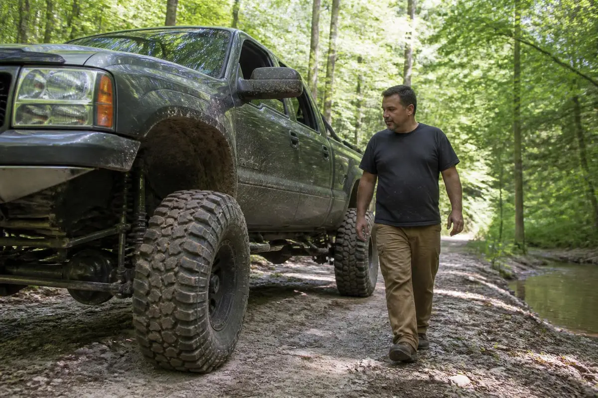 Driver walking around a heavily lifted truck on a trail