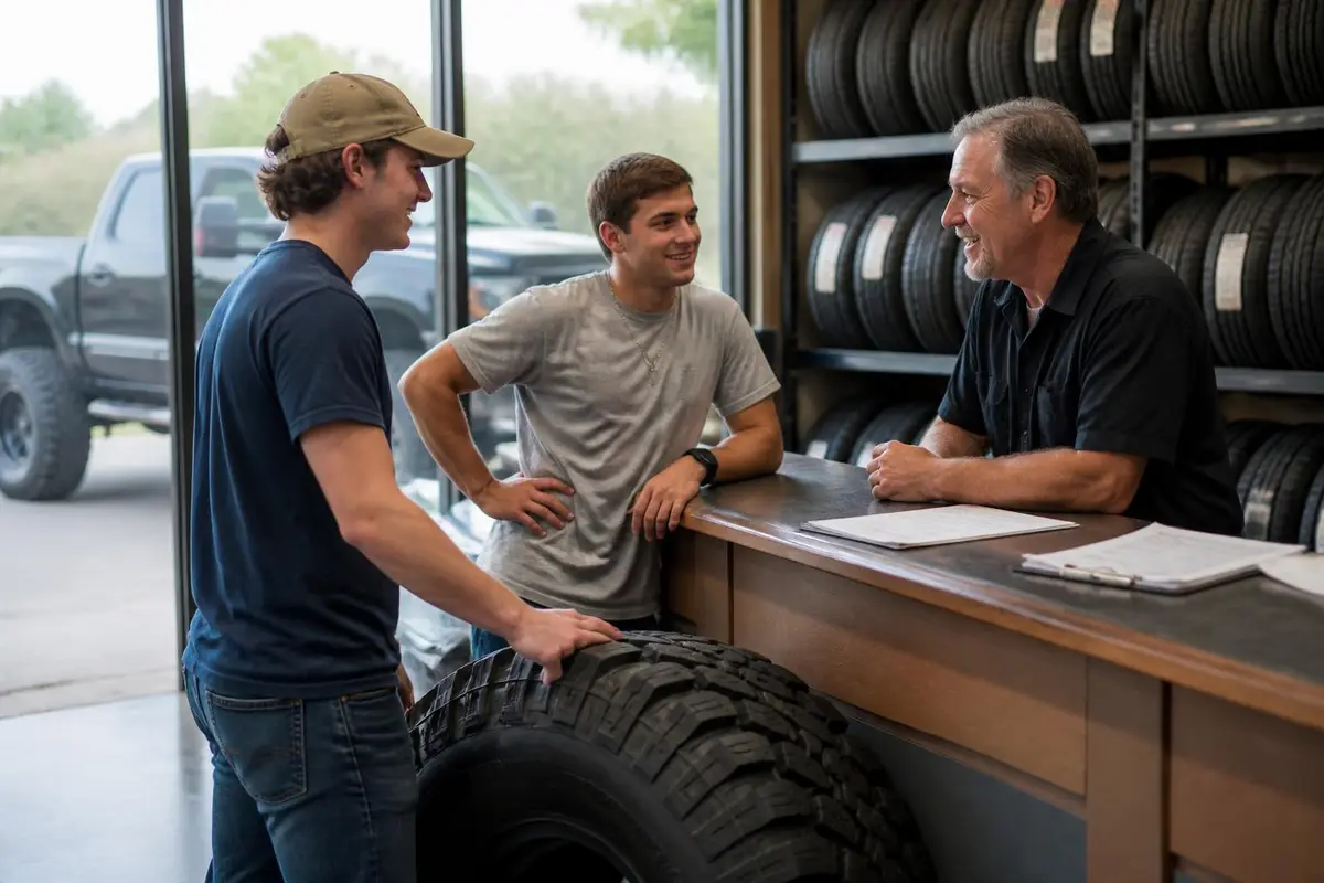 Friends discussing tire warranties at a shop counter