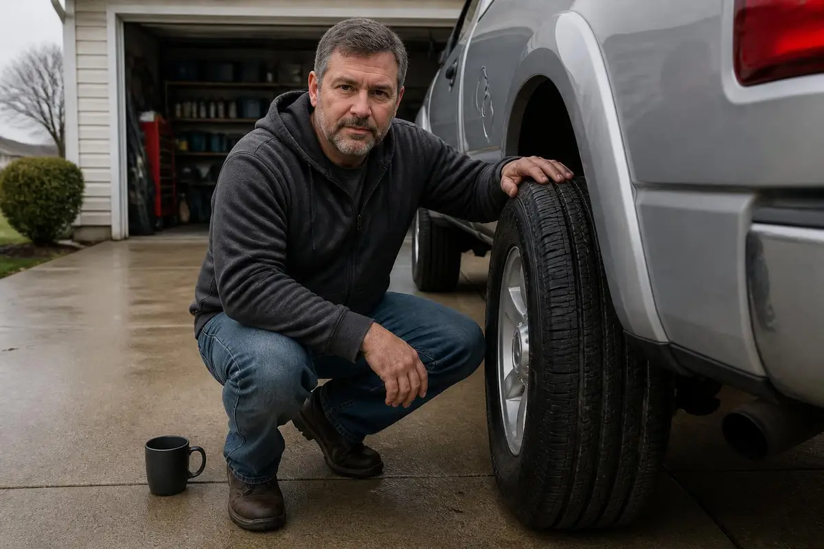 Man checking the tread on a pickup's highway tire in his driveway on an overcast morning