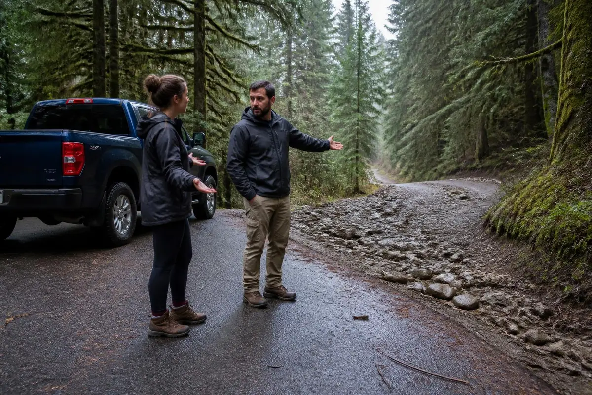 Couple standing where pavement ends, studying a rough rocky forest road ahead of their truck