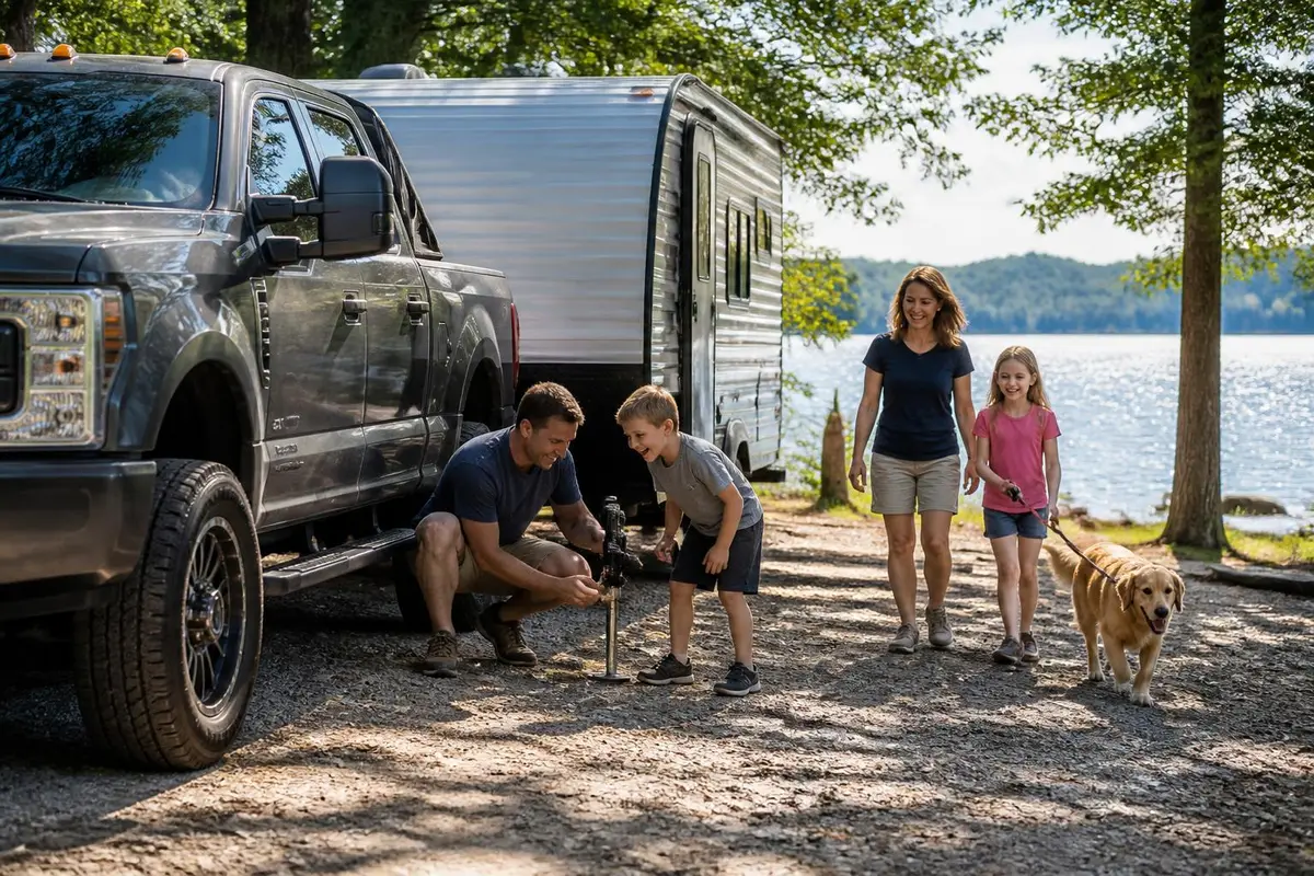 Family unhitching a camper trailer from a diesel pickup at a lakeside campground