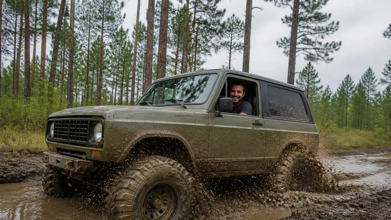 Olive short-wheelbase off-roader churning slowly through a deep muddy pine forest track
