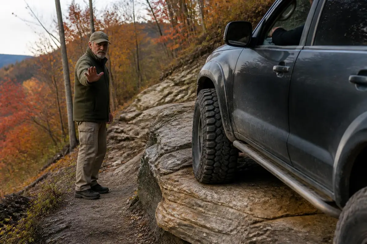 Spotter walking ahead on a rocky ridge trail as a tire's sidewall flexes against a sharp ledge