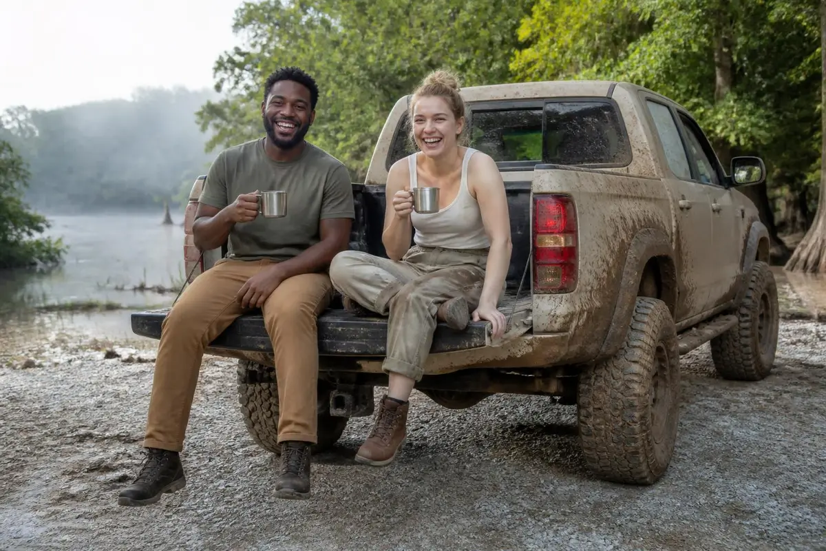 Two friends laughing over coffee on a tailgate beside a mud-splattered pickup