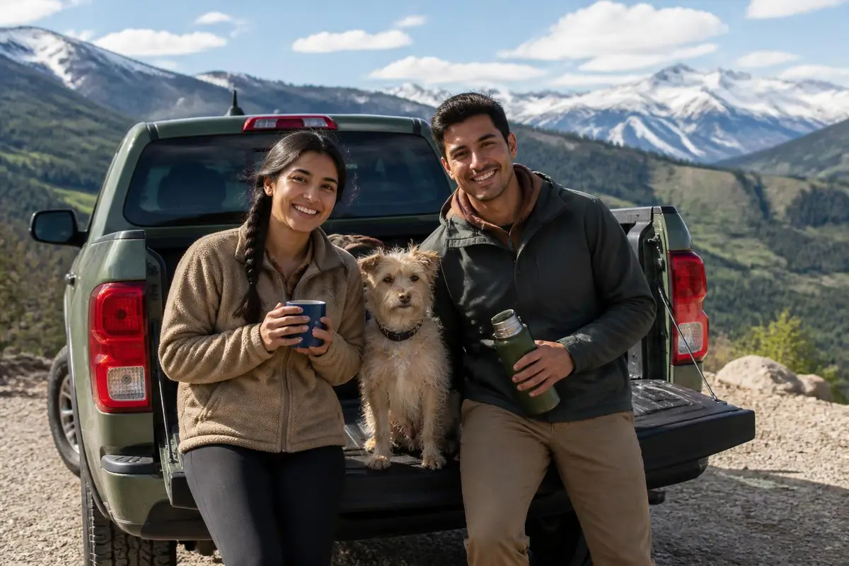 Young couple sharing coffee on the tailgate of a sage green pickup at a mountain overlook
