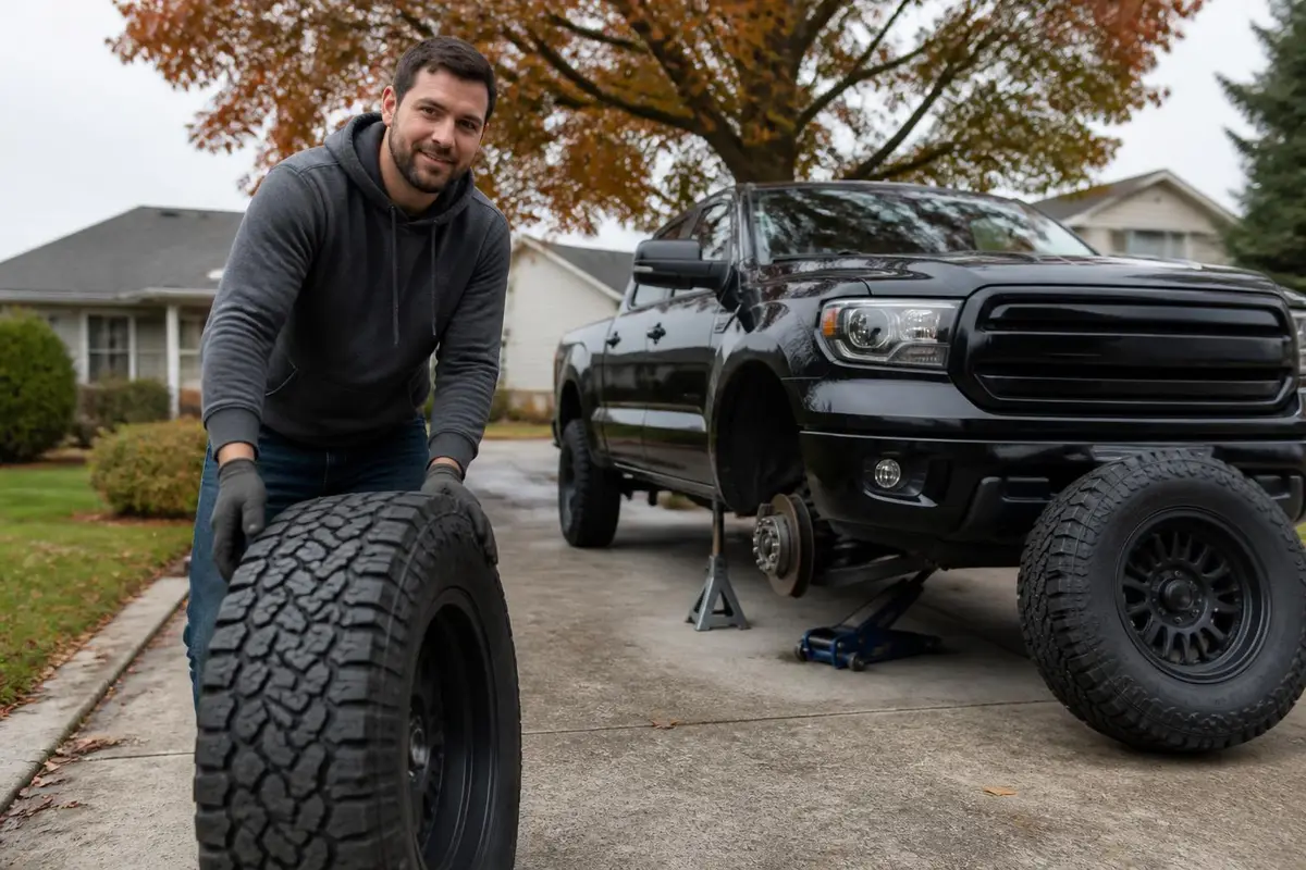 Man rotating tires on his pickup with a floor jack in a driveway