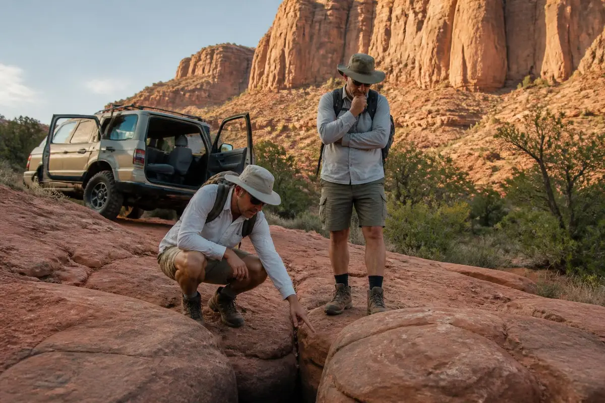Two friends on foot scouting a rocky line in red rock country with their 4WD behind