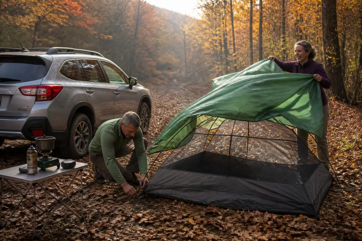 Couple pitching a ground tent beside a silver crossover on a forest road in autumn