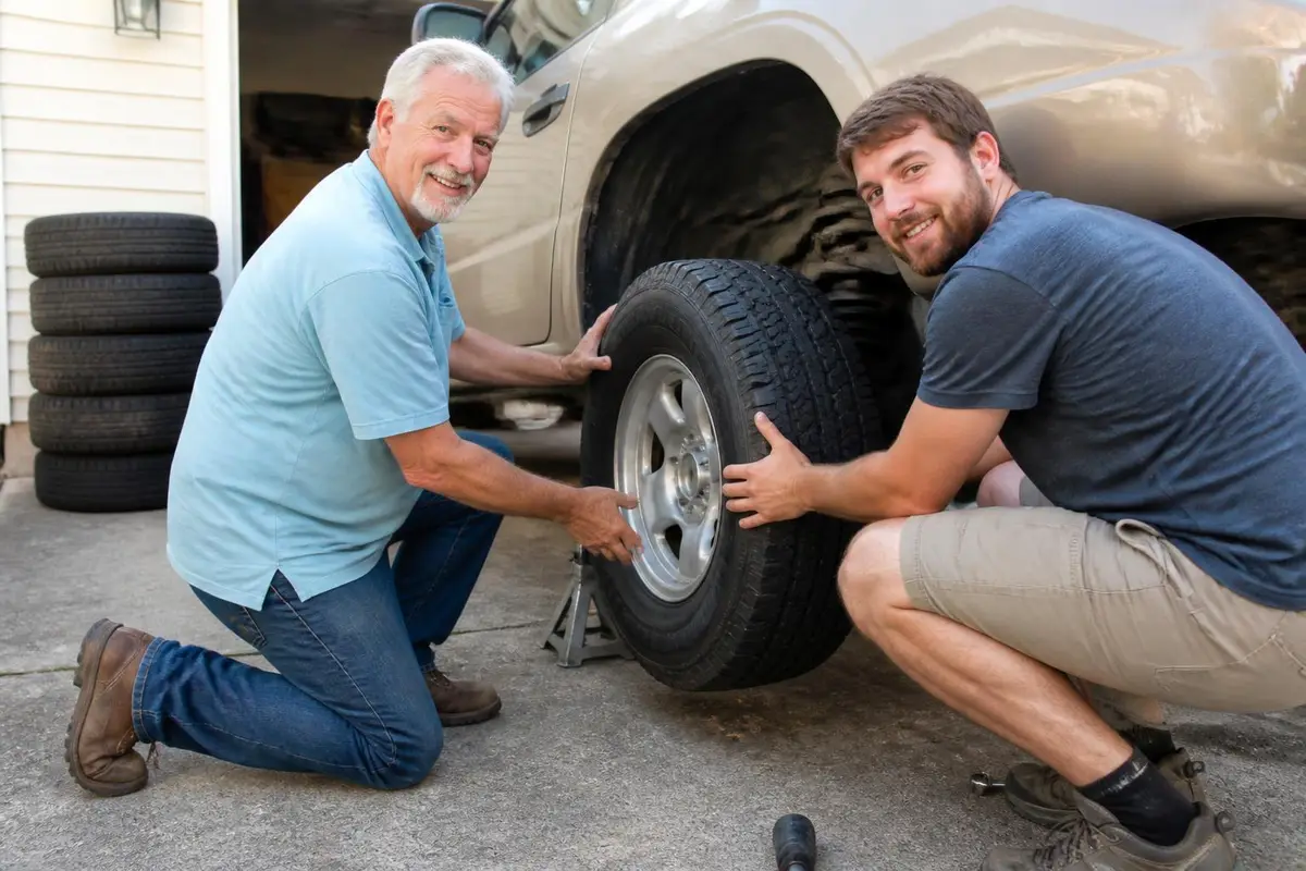Father and adult son fitting new wheels on a tan SUV in a driveway