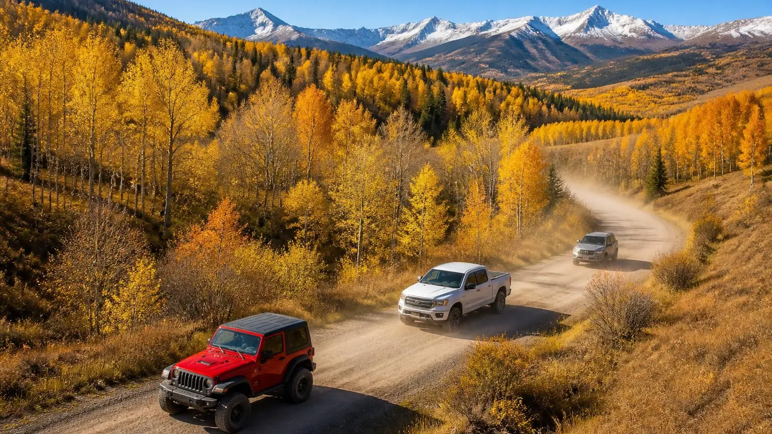 Elevated view of three 4WDs on different tire sizes driving a gravel road through golden aspens