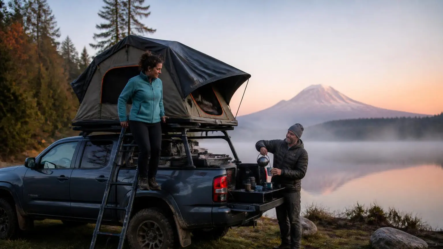 Pickup with a bed rack and rooftop tent at a misty lakeside camp at dawn