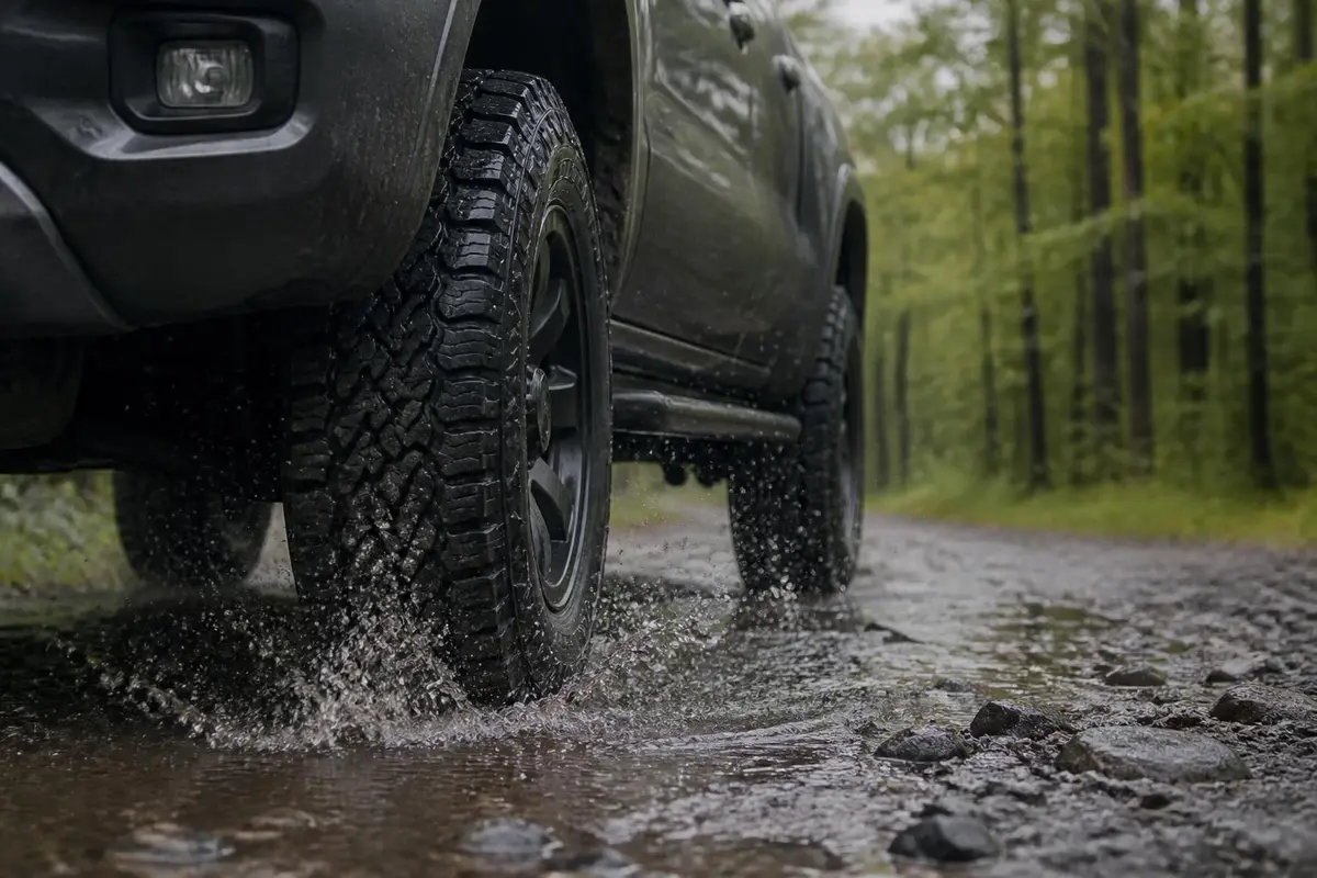Low close view of an all-terrain tire splashing through a puddle on a wet gravel road