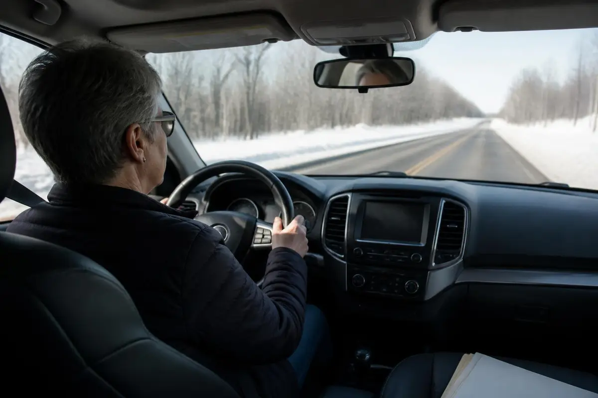 Woman driving her SUV along a snowy highway with the dashboard in soft focus