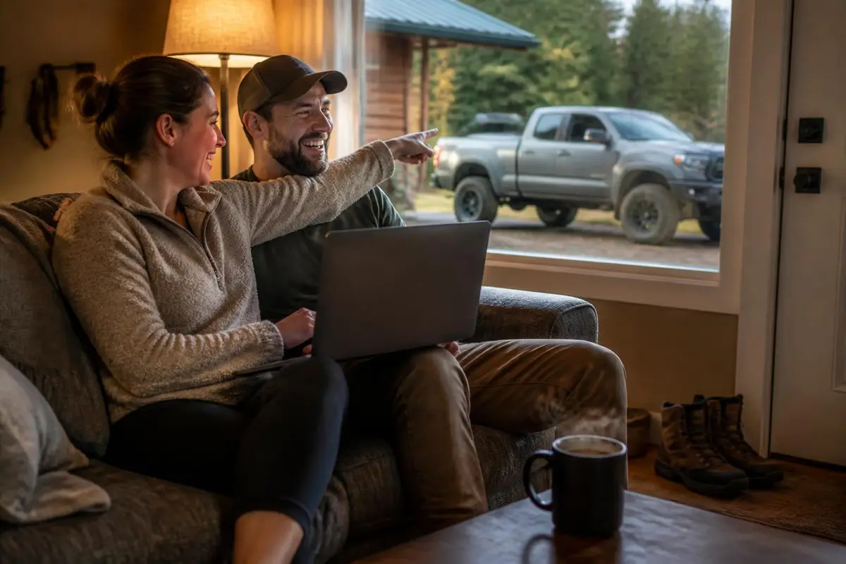Couple browsing a tire library on a laptop at home