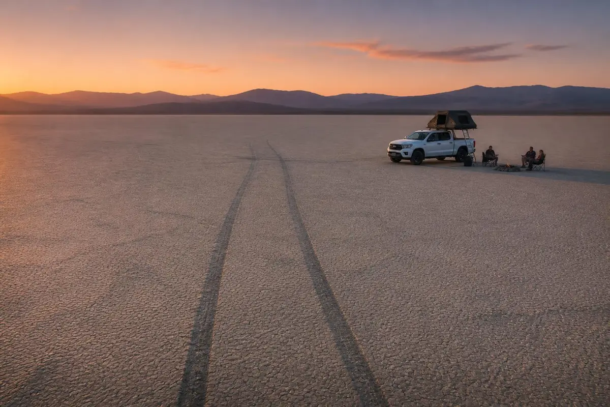 Tire tracks leading to a camp in a desert basin