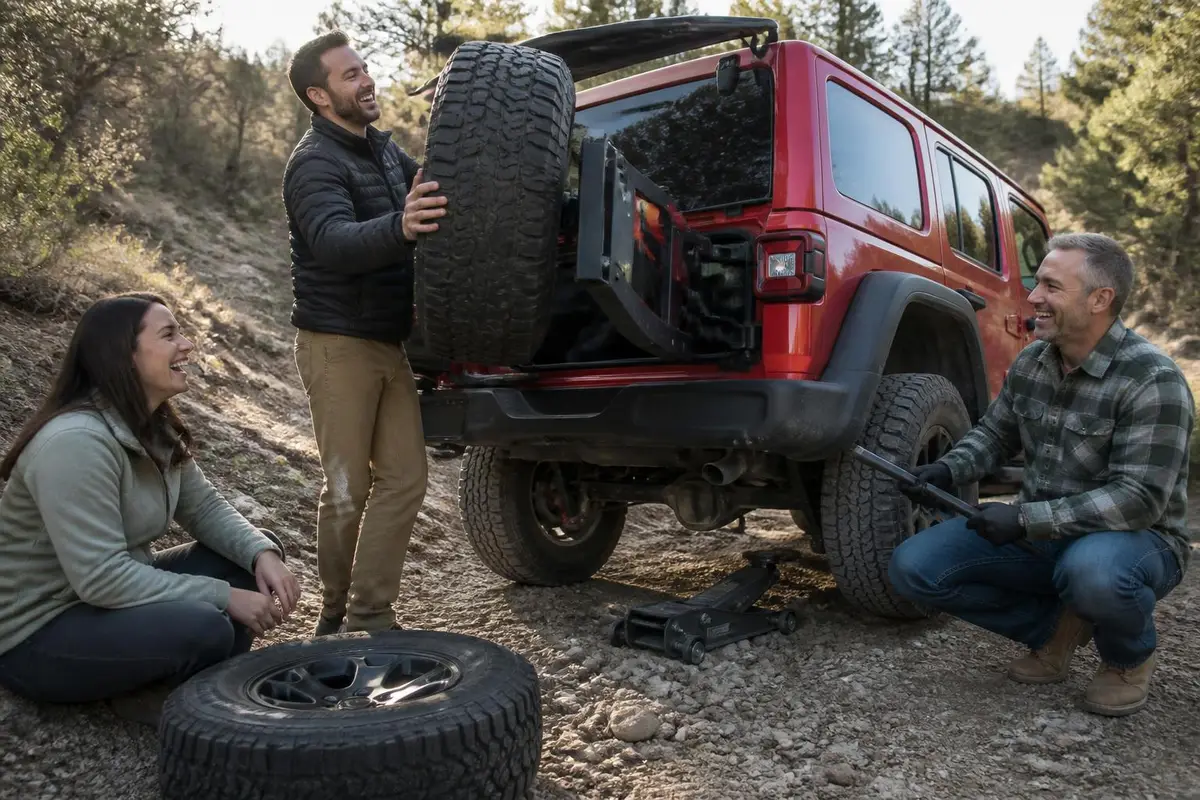 Friends swapping a flat tire on a trail